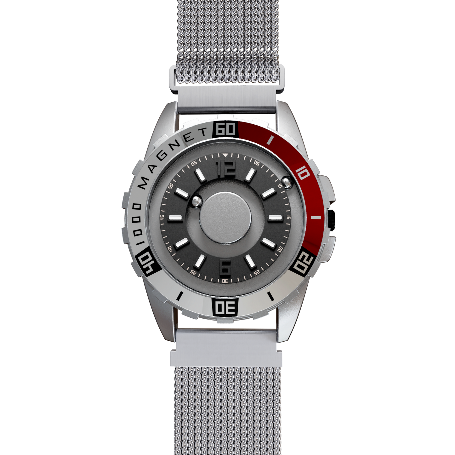 Magneto-Watch-Uranus-Red-Maschenarmband-Silber-Front