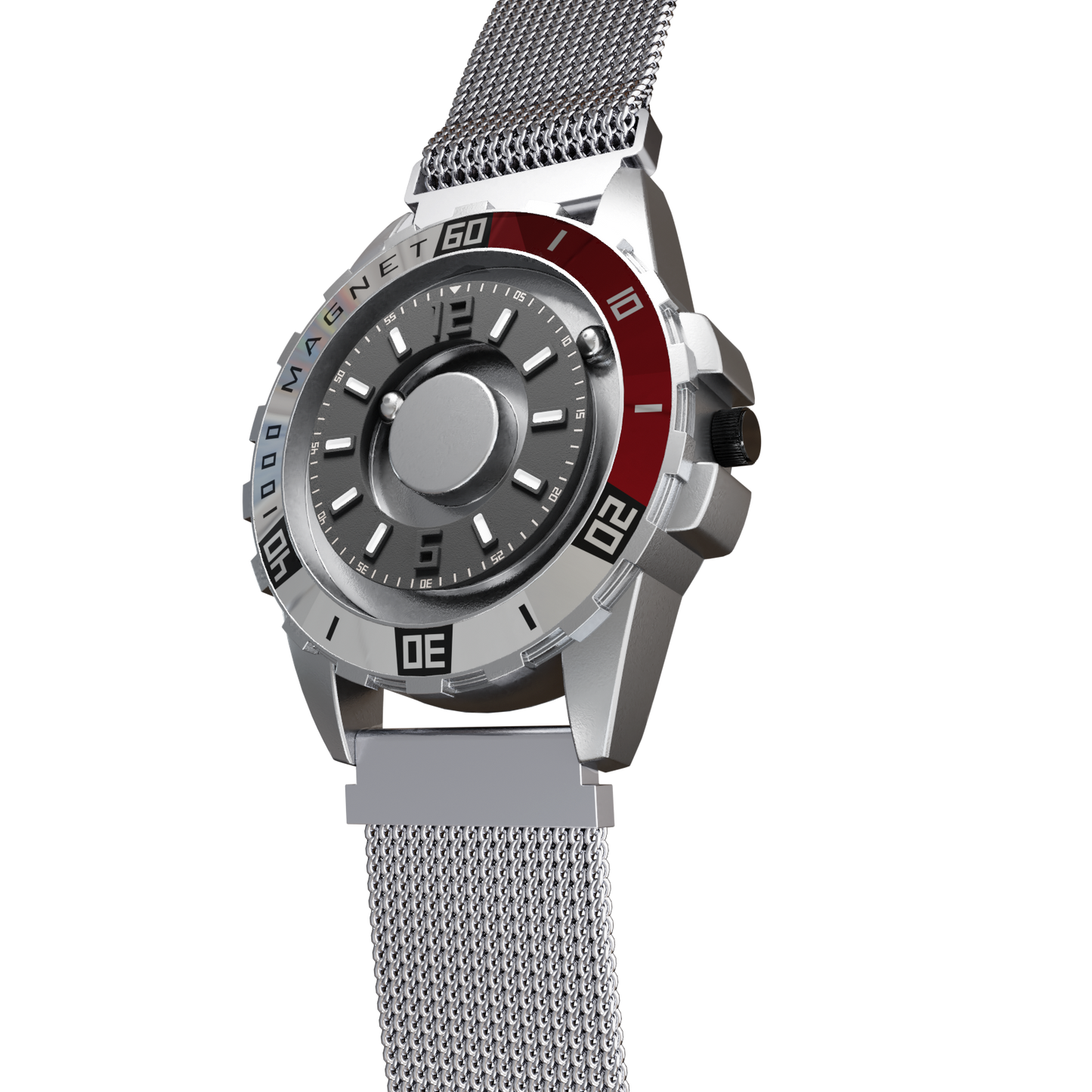 Magneto-Watch-Uranus-Red-Maschenarmband-Silber-Side