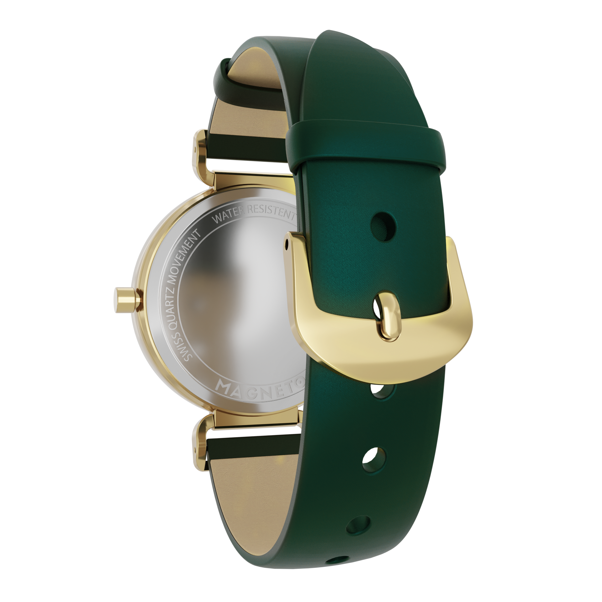 Magneto-Watch-Bella-Gold-Green-Satin-Leder-Gruen-Back