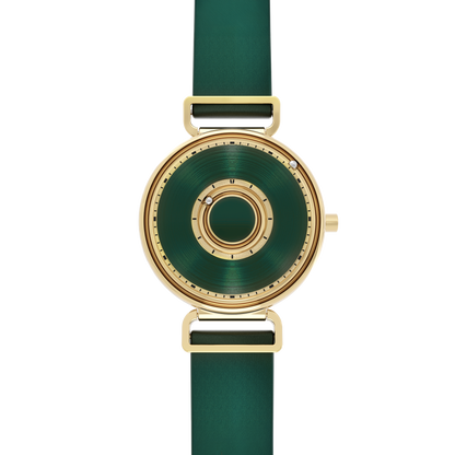 Magneto-Watch-Bella-Gold-Green-Satin-Leder-Gruen-Front