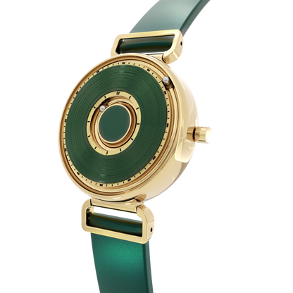 Magneto-Watch-Bella-Gold-Green-Satin-Leder-Gruen-Side