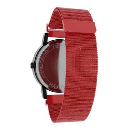 Magneto-Watch-Jupiter-Black-Maschenarmband-Rot-Back