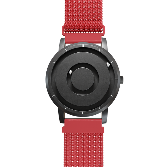 Magneto-Watch-Jupiter-Black-Maschenarmband-Rot-Front