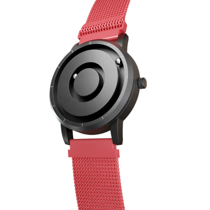    Magneto-Watch-Jupiter-Black-Maschenarmband-Rot-Side