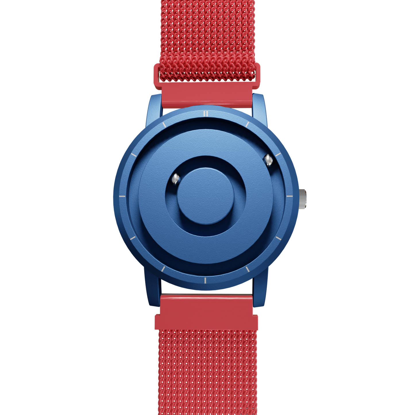 Magneto-Watch-Jupiter-Blue-Maschenarmband-Rot-Front