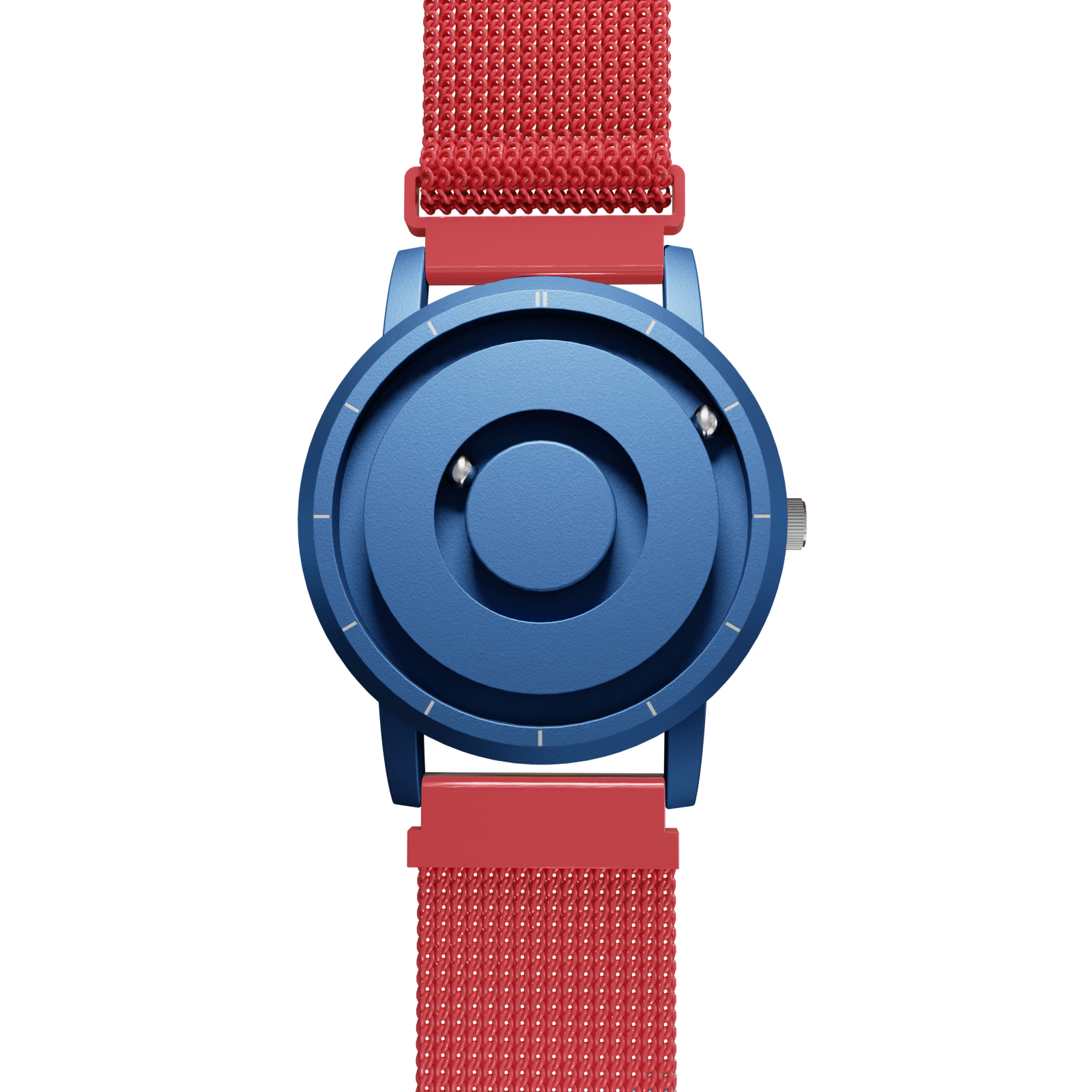 Magneto-Watch-Jupiter-Blue-Maschenarmband-Rot-Front