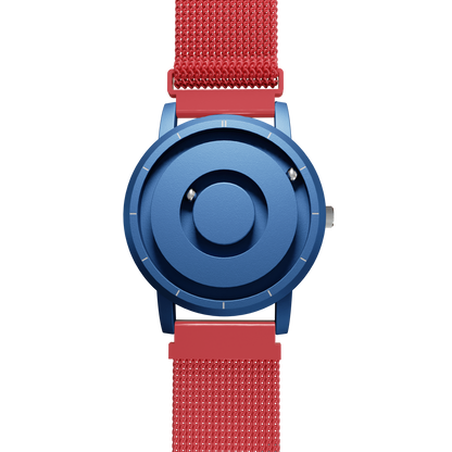 Magneto-Watch-Jupiter-Blue-Maschenarmband-Rot-Front