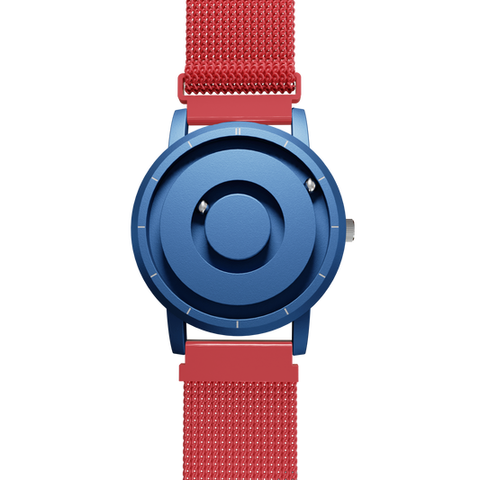 Magneto-Watch-Jupiter-Blue-Maschenarmband-Rot-Front