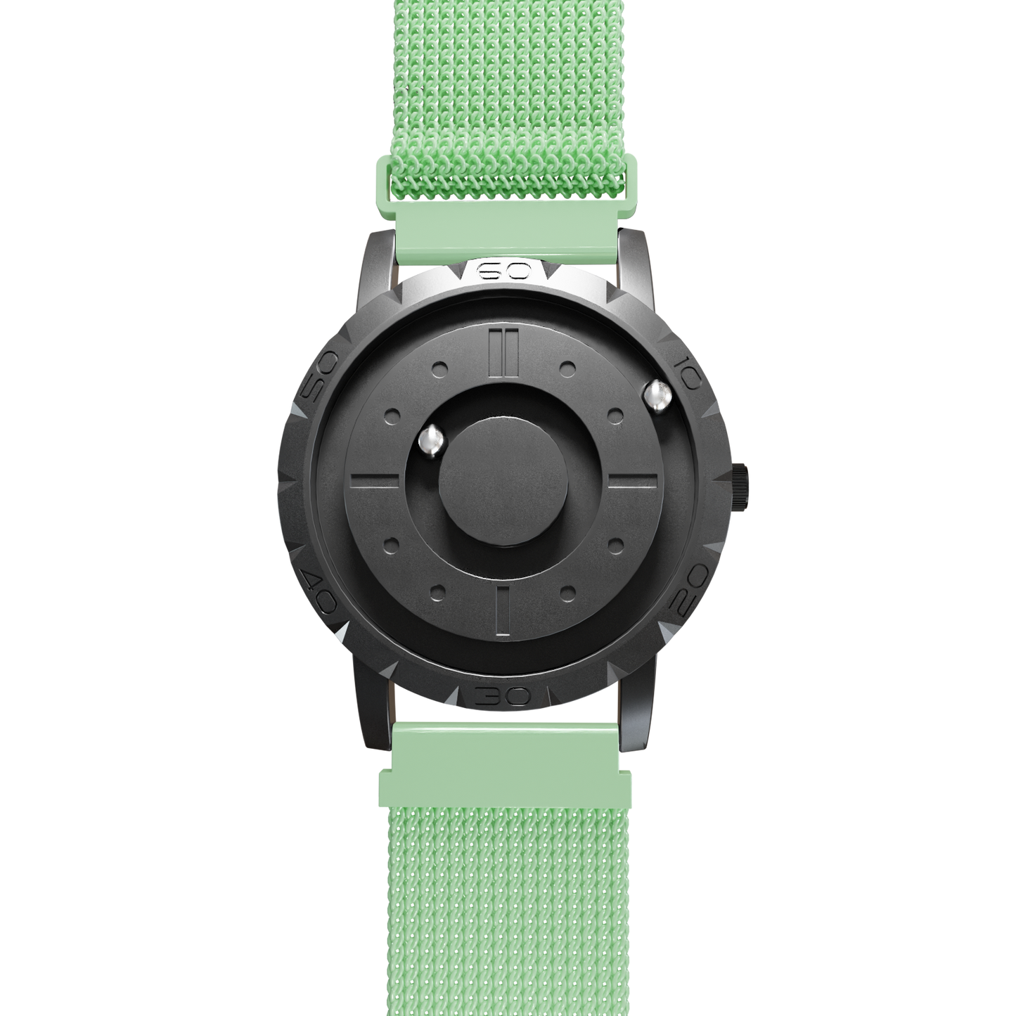 Magneto-Watch-Komet-Black-Maschenarmband-Mint-Front