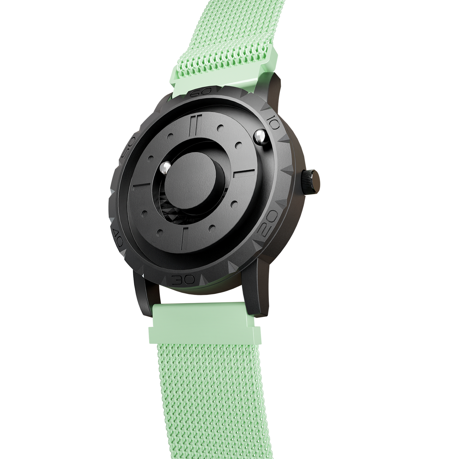 Magneto-Watch-Komet-Black-Maschenarmband-Mint-Side