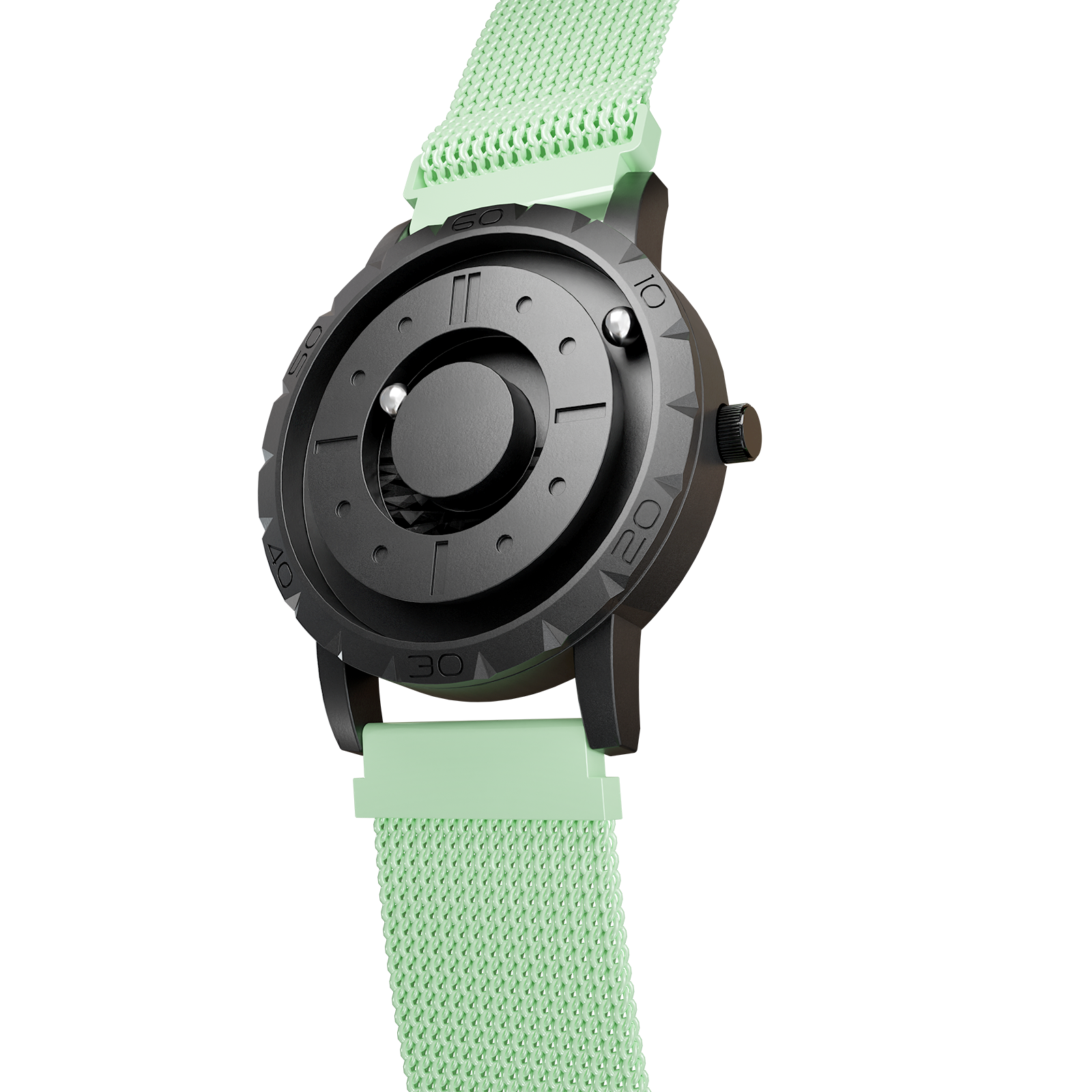 Magneto-Watch-Komet-Black-Maschenarmband-Mint-Side