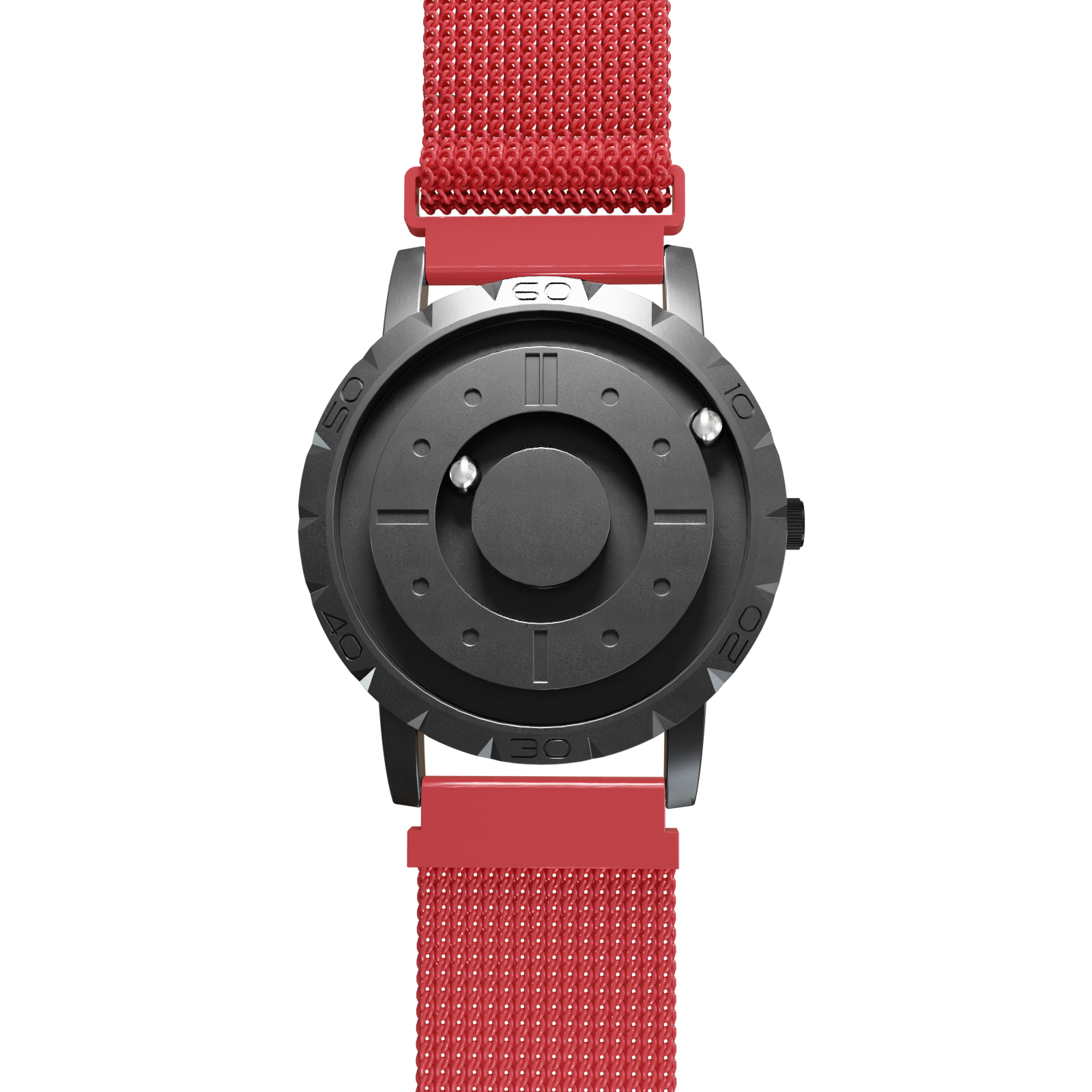 Magneto-Watch-Komet-Black-Maschenarmband-Rot-Front