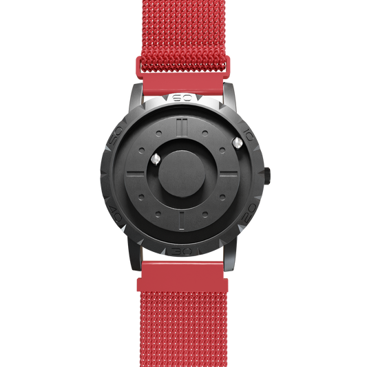 Magneto-Watch-Komet-Black-Maschenarmband-Rot-Front