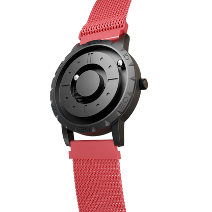 Magneto-Watch-Komet-Black-Maschenarmband-Rot-Side