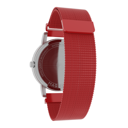 Magneto-Watch-Komet-Silver-Maschenarmband-Rot-Back