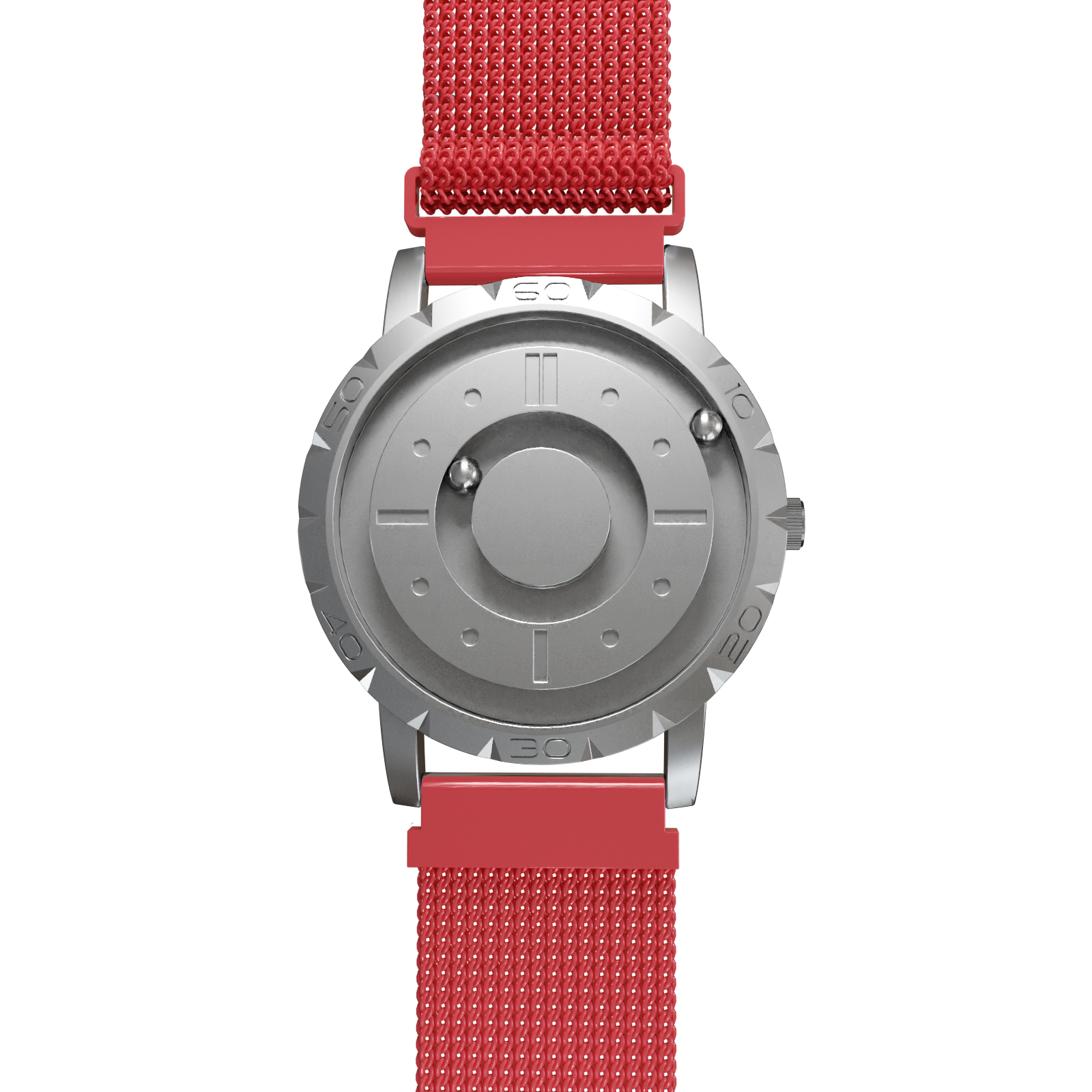 Magneto-Watch-Komet-Silver-Maschenarmband-Rot-Front
