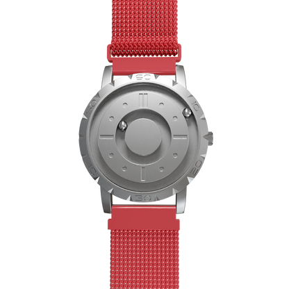 Magneto-Watch-Komet-Silver-Maschenarmband-Rot-Front