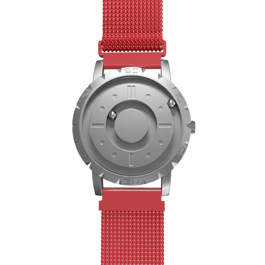 Magneto-Watch-Komet-Silver-Maschenarmband-Rot-Front