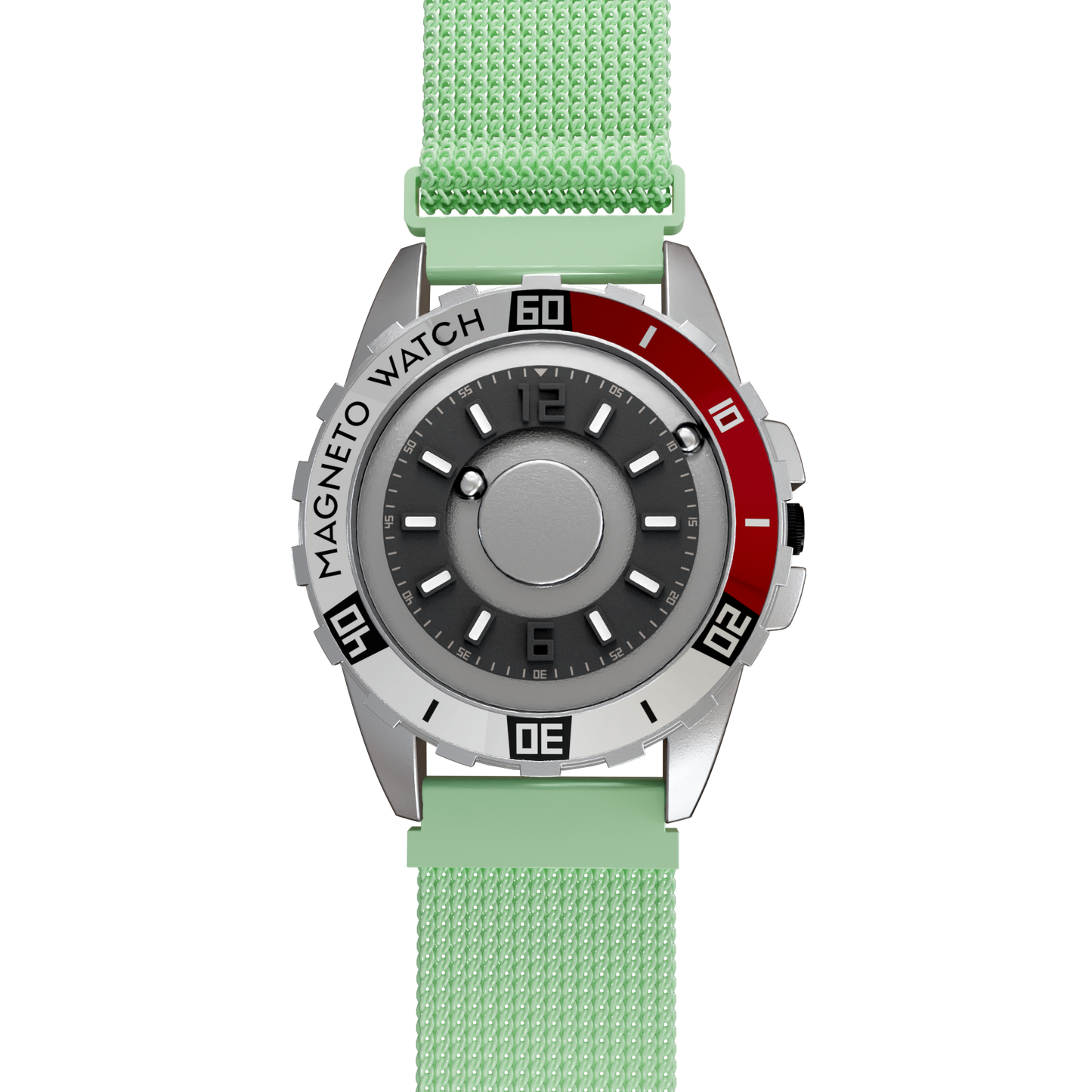 Magneto-Watch-Uranus-Red-Maschenarmband-Mint-Front