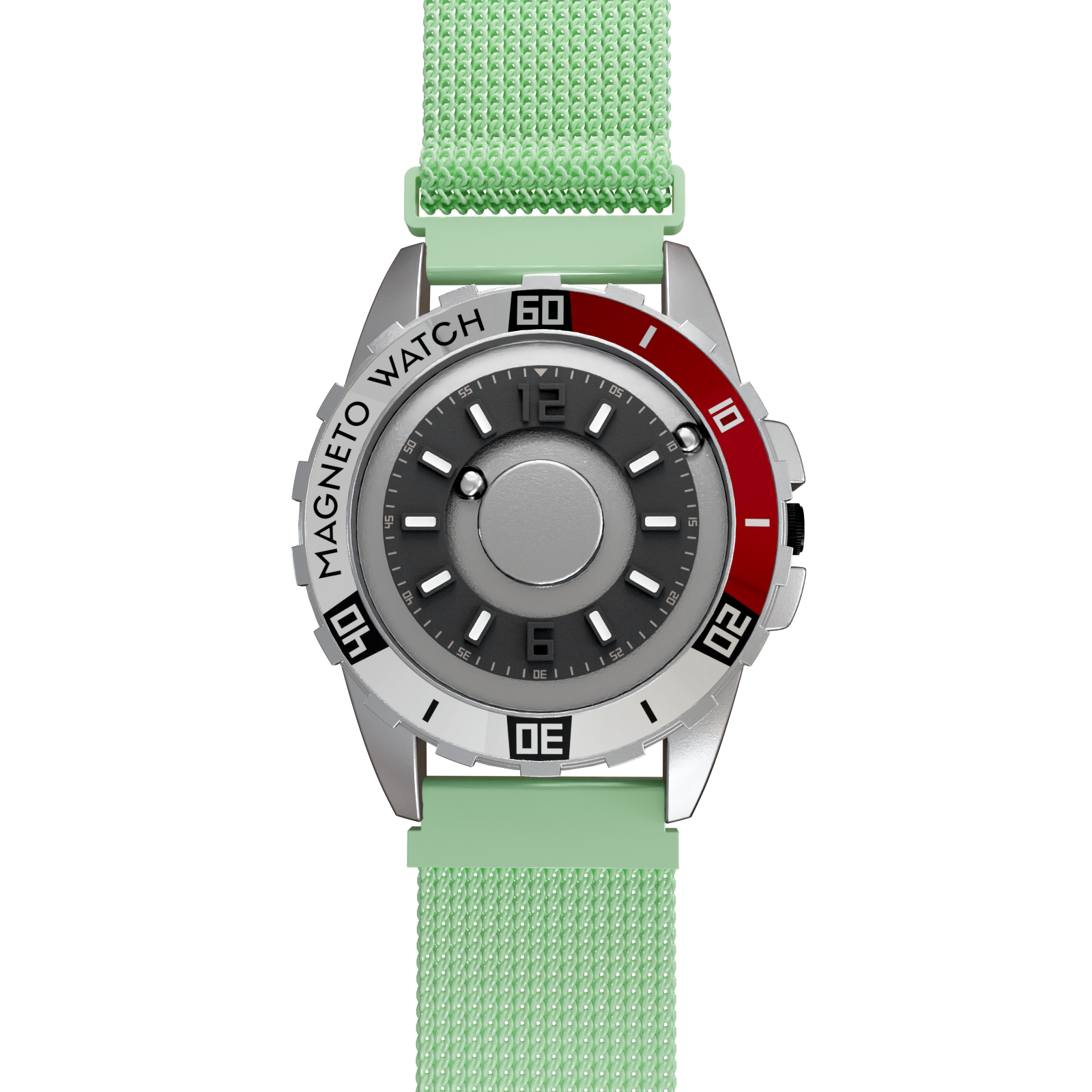 Magneto-Watch-Uranus-Red-Maschenarmband-Mint-Front