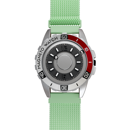 Magneto-Watch-Uranus-Red-Maschenarmband-Mint-Front