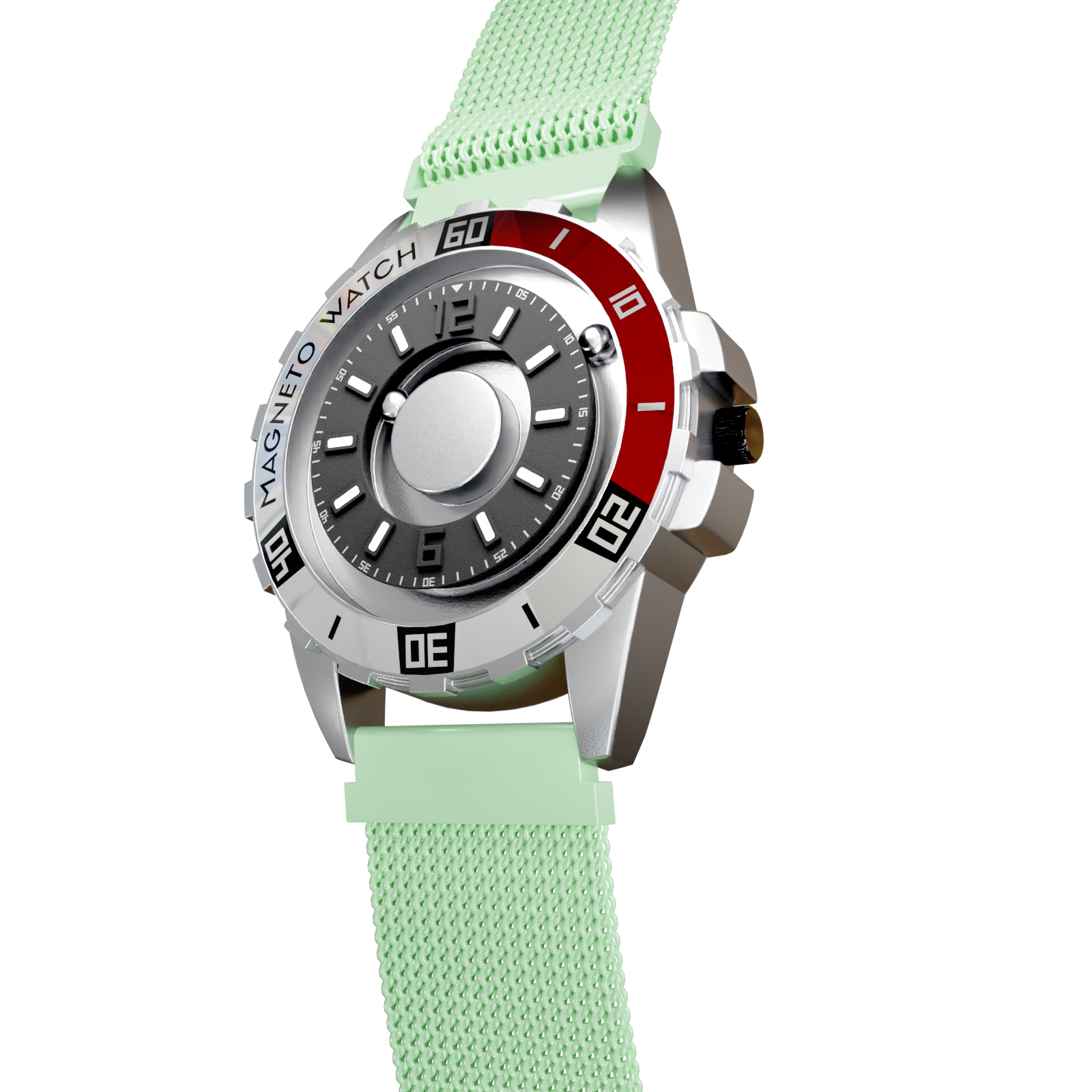 Magneto-Watch-Uranus-Red-Maschenarmband-Mint-Side