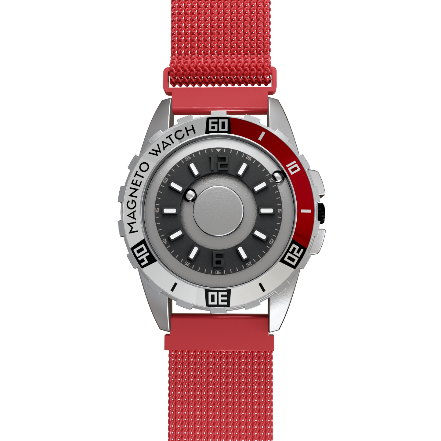 Magneto-Watch-Uranus-Red-Maschenarmband-Rot-Front