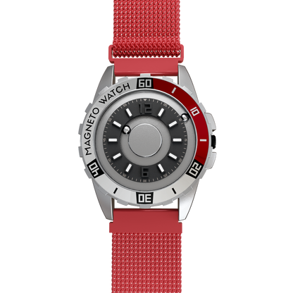 Magneto-Watch-Uranus-Red-Maschenarmband-Rot-Front