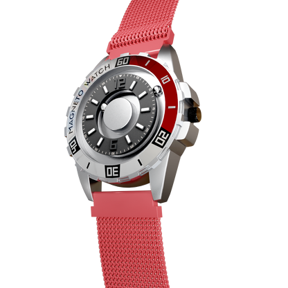 Magneto-Watch-Uranus-Red-Maschenarmband-Rot-Side