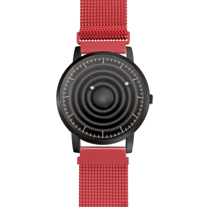 Magneto-Watch-Wave-Black-Maschenarmband-Rot-Front