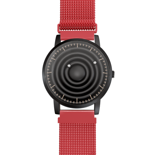 Magneto-Watch-Wave-Black-Maschenarmband-Rot-Front