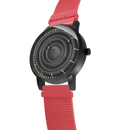 Magneto-Watch-Wave-Black-Maschenarmband-Rot-Side