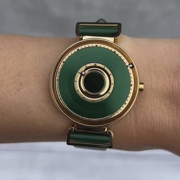 Magneto-Watch-Bella-Gold-Green-Satin-Leder-Grün-Handgelenk-Video