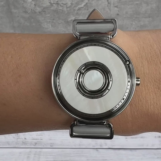 Magneto-Watch-Bella-Silver-Pearl-Anthracite-Satin-Leder-Grau-Handgelenk-Video