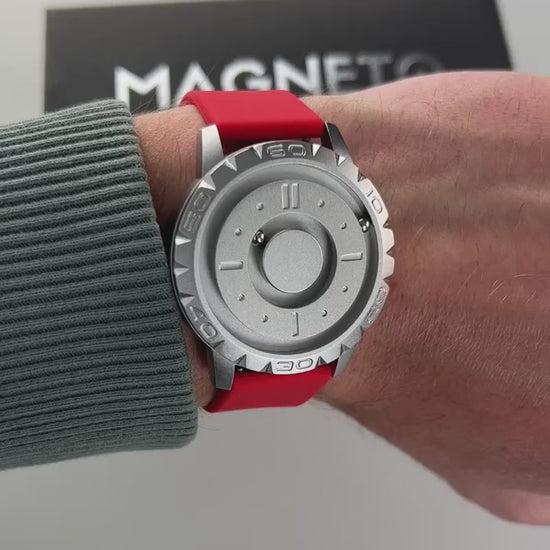 Magneto-Watch-Komet-Silver-Silikon-Rot-Handgelenk-Video