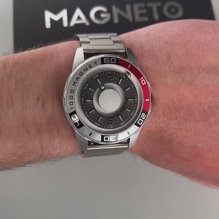 Magneto-Watch-Uranus-Red-Edelstahl-Silber-Handgelenk-Video