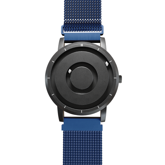 Magneto-Watch-Jupiter-Black-Maschenarmband-Blau-Front
