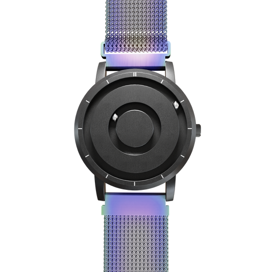    Magneto-Watch-Jupiter-Black-Maschenarmband-Flip-Flop-Front
