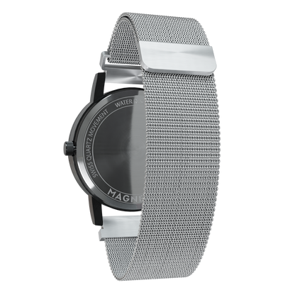 Magneto-Watch-Jupiter-Black-Maschenarmband-Silber-Back