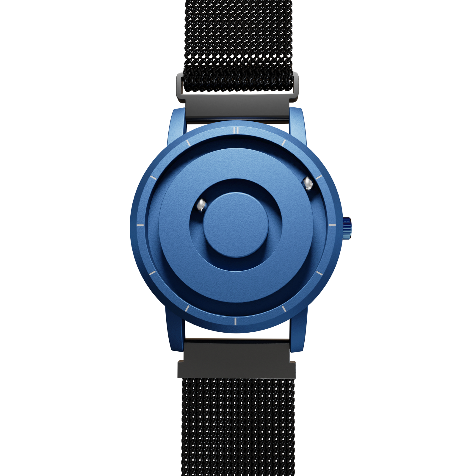 Magneto-Watch-Jupiter-Blue-Maschenarmband-Schwarz-Front