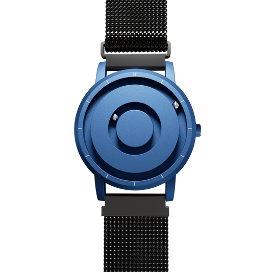 Magneto-Watch-Jupiter-Blue-Maschenarmband-Schwarz-Front