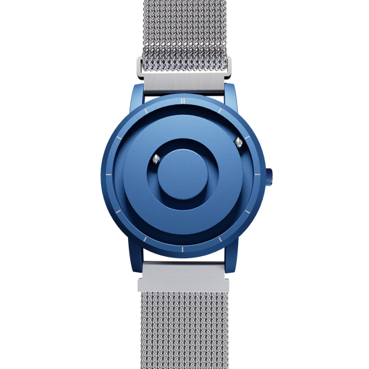 Magneto-Watch-Jupiter-Blue-Maschenarmband-Silber-Front