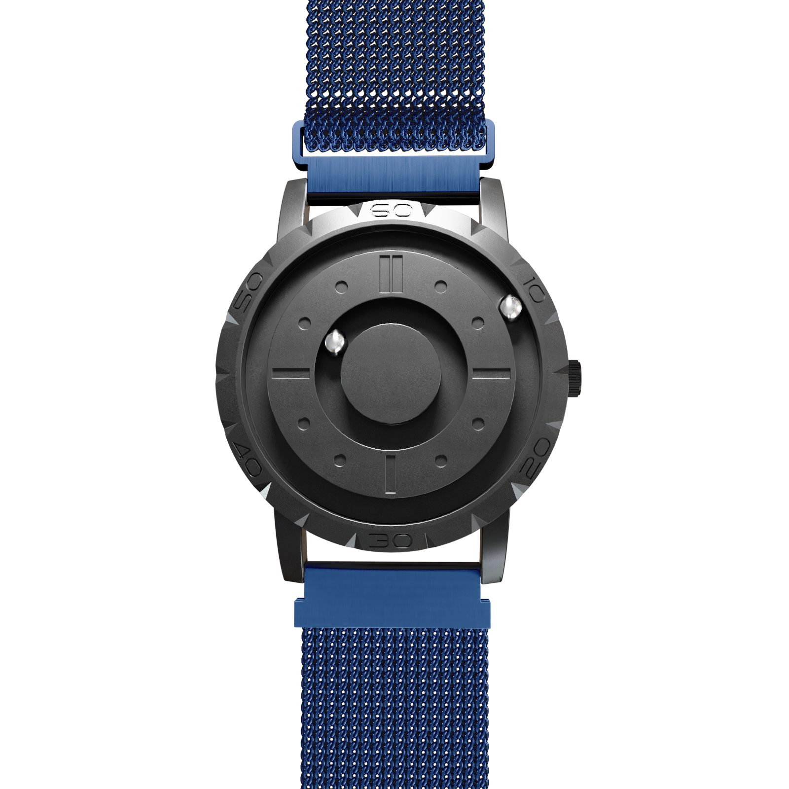 Magneto-Watch-Komet-Black-Maschenarmband-Blau-Front