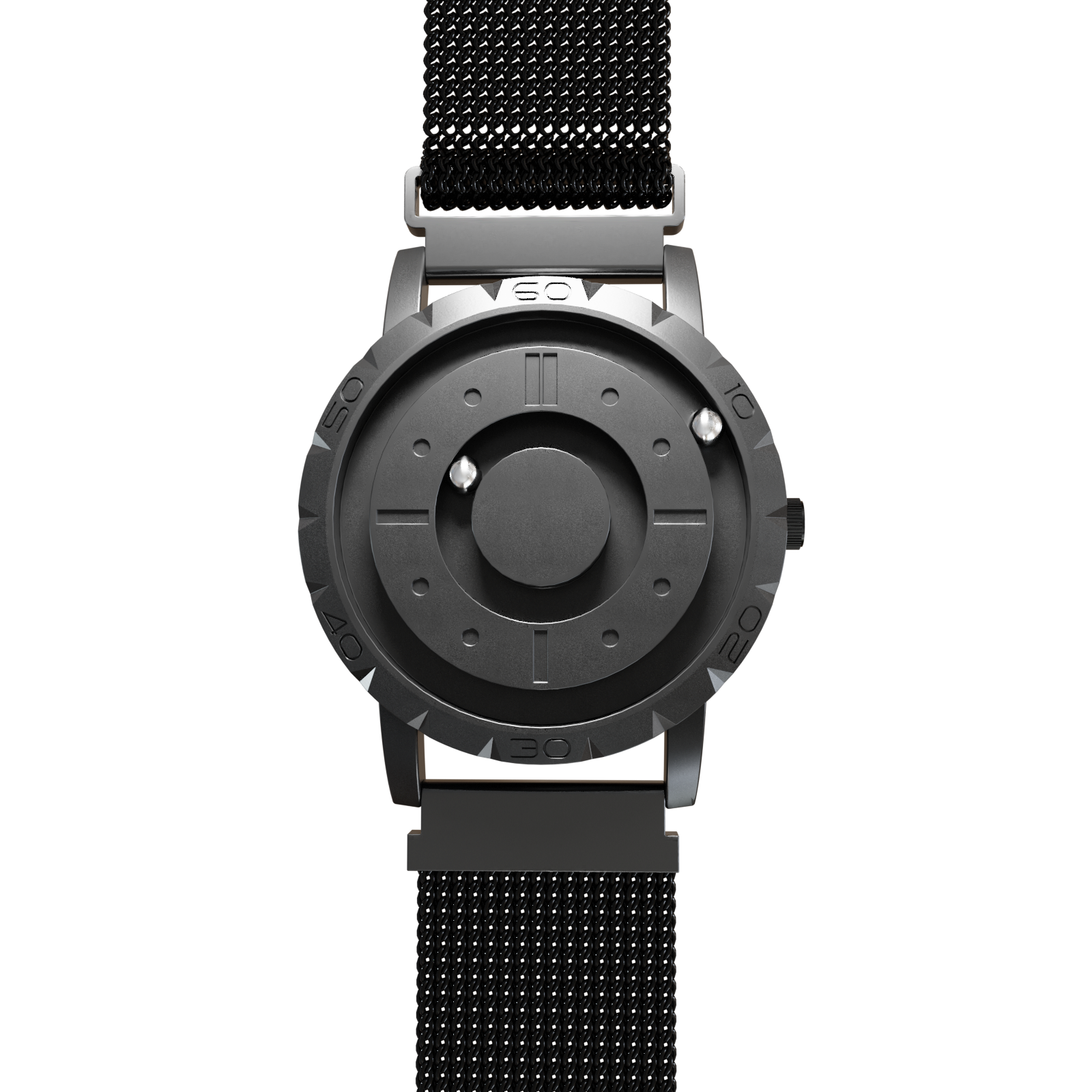 Magneto-Watch-Komet-Black-Maschenarmband-Schwarz-Front