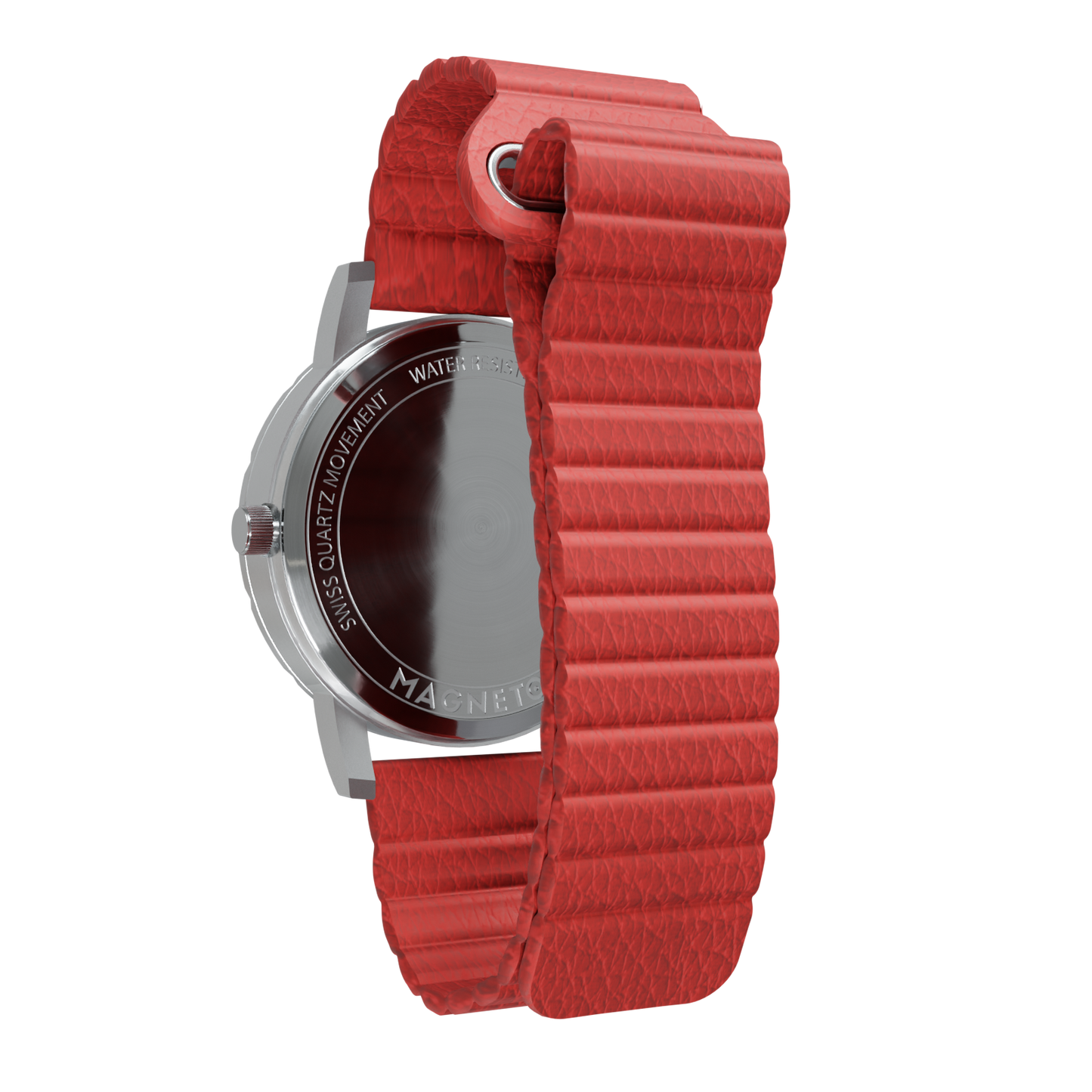 Magneto-Watch-Komet-Silver-Kunstleder-Magnetisch-Rot-Back