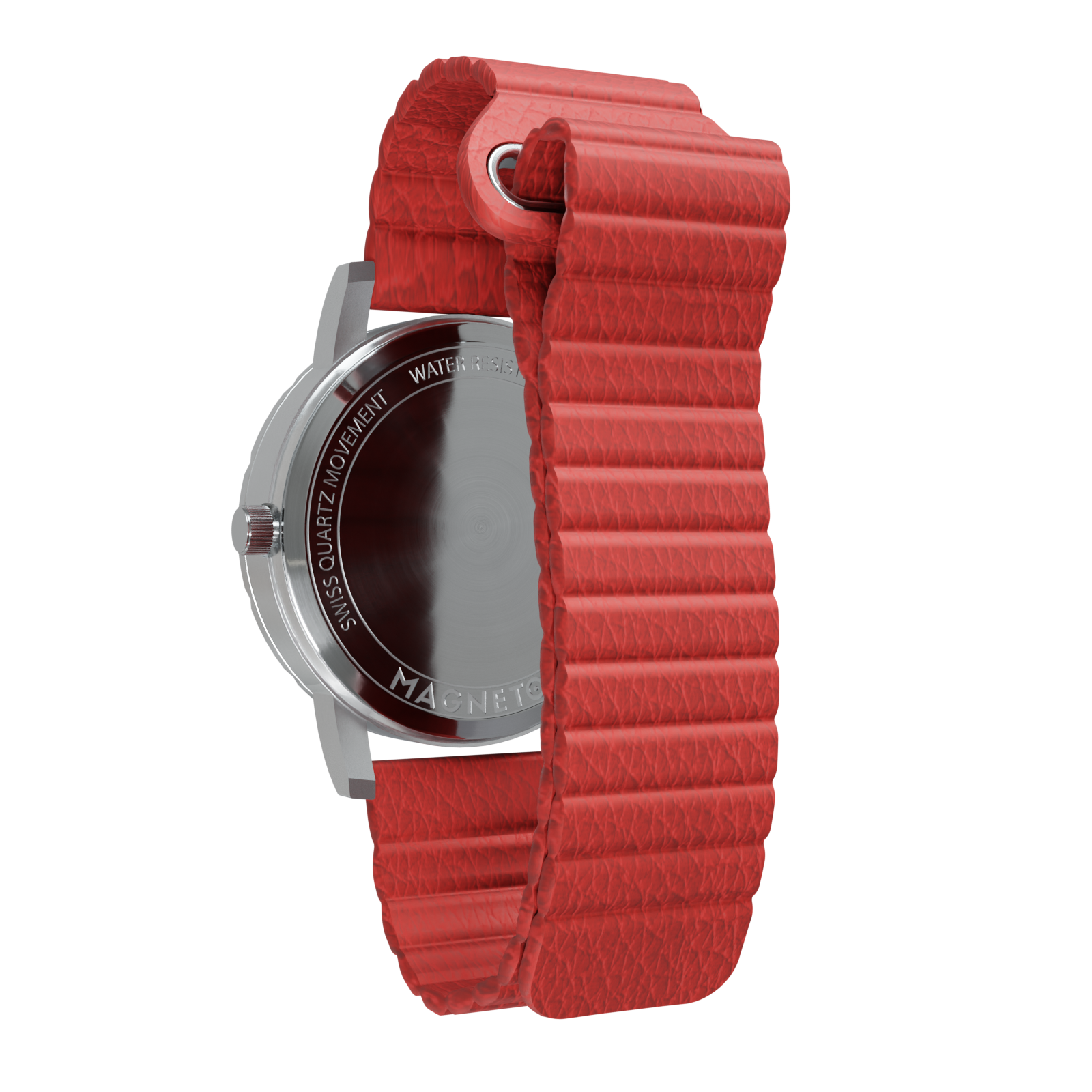 Magneto-Watch-Komet-Silver-Kunstleder-Magnetisch-Rot-Back