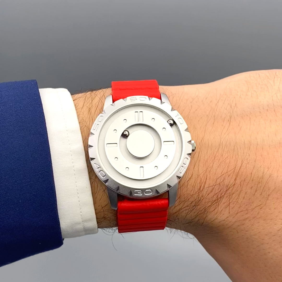 Magneto-Watch-Komet-Silver-Kunstleder-Magnetisch-Rot-Lifestyle-Handgelenk