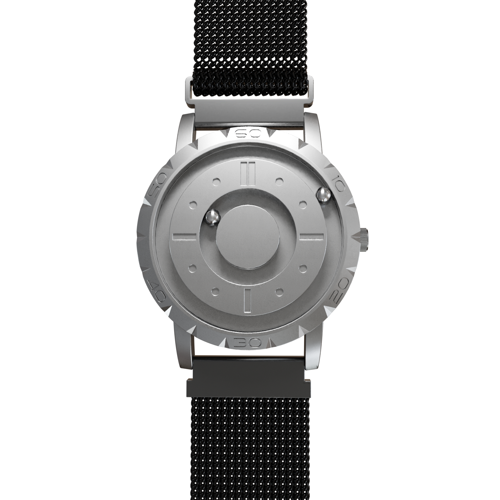 Magneto-Watch-Komet-Silver-Maschenarmband-Schwarz-Front