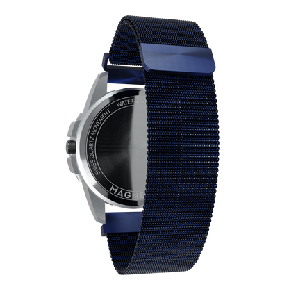 Magneto-Watch-Uranus-Red-Maschenarmband-Blau-Back