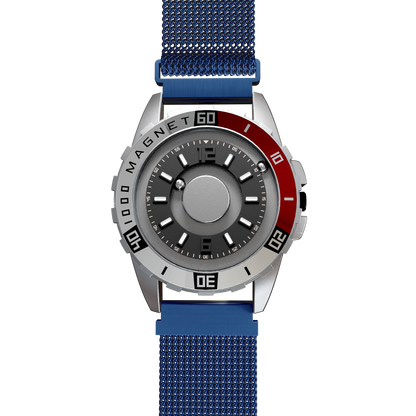    Magneto-Watch-Uranus-Red-Maschenarmband-Blau-Front